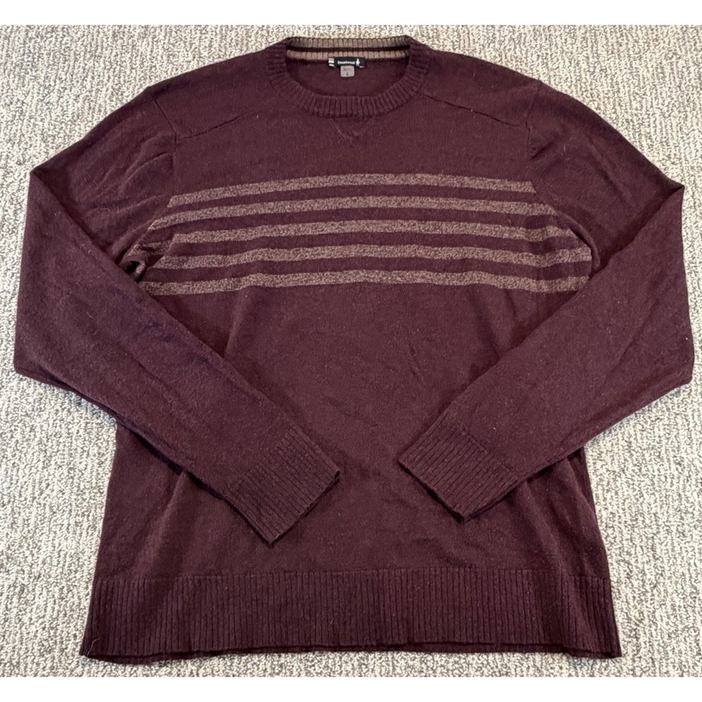 Smartwool Mens Sweater L Stripe Crew Sparwood Maroon Tan Tight Knit Gorp Classic